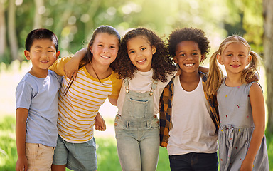 Image showing Portrait, friends and children standing in a line together outdoor, feeling happy while having fun or playing. Diversity, school and smile with kids in a row, posing arm around outdoor in a park