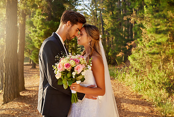 Image showing Wedding, married and couple hug in park, forest and nature for celebration of partner, care and marriage. Bride, groom and love in garden for romance, bridal event and celebrate commitment ceremony