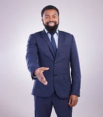 Image showing Handshake, offer and portrait of black man in white background for networking, thank you and HR deal. Happy corporate male stretching for shaking hands, recruitment and welcome to partnership trust