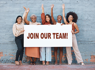 Image showing Women, diversity and join us poster for recruitment outdoor with billboard, mockup or advertising on board. Female business team or candidate hands happy with hiring opportunity banner or sign