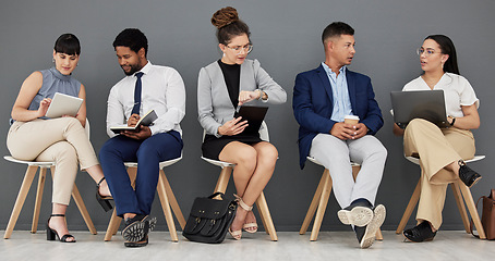 Image showing Talking, waiting room and business people with tech in office, checking time and planning. Meeting, team and corporate employees getting ready for interview, networking and helping with work