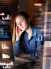 Image showing Night overlay, tired or headache of woman in data analysis, trading or stock market depression, burnout or fatigue. Business person or online trader with stress, sad and migraine for graphs or charts