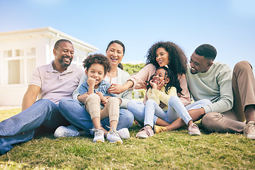 Image showing Family, outdoor and generations, relax together on grass with happiness, grandparents and parents with children. Happy people, summer and sitting on lawn, love and care with bonding and smile