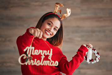 Image showing Christmas sign, happiness and woman portrait with xmas and festive season decorations. Wow, excited and isolated female with holiday celebration and a smile from winter celebrating and youth