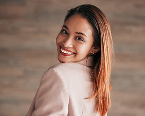 Image showing Business woman, smile and portrait of an employee with happiness and joy ready for work. Corporate, young female and lawyer worker feeling happy, joy and confident from law firm and company job