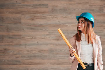 Image showing Architect, woman and smile with level on mockup for measuring balance in construction planning. Happy female contractor, engineer or builder smiling with safety helmet and measure tool on copy space