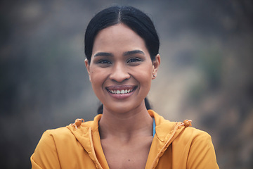 Image showing Woman, portrait or smile in fitness break, nature training or exercise workout for remote cardio, morning wellness or routine sports. Face, happy or runner athlete in park for outdoor health activity