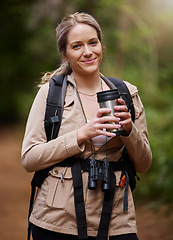 Image showing Hiking, coffee or portrait of woman in nature, forest or wilderness for trekking adventure or freedom. Smile, fun or happy hiker walking in natural park or woods for exercise or wellness on holiday