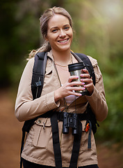 Image showing Hiking, coffee or portrait of happy woman in nature, forest or wilderness in trekking adventure or freedom. Smile or excited hiker walking in natural park or woods for exercise or wellness on holiday