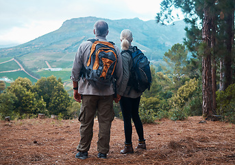 Image showing Mountains, retirement and hiking, old couple holding hands from back on nature walk and mountain in view in Peru. Travel, senior man and woman on cliff, hike with love and health on holiday adventure