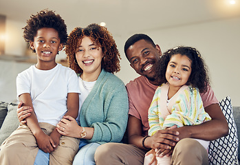 Image showing Family, portrait and hug on a sofa, happy and smile while bonding and enjoying morning in their home. Face, children and parents relax on couch together, embrace and loving in living room