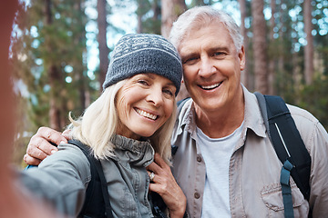 Image showing Old couple, selfie and hiking in forest, happy people in portrait, nature and memory for social media post. Smile in picture, adventure and fitness, man and woman with active retirement and outdoor