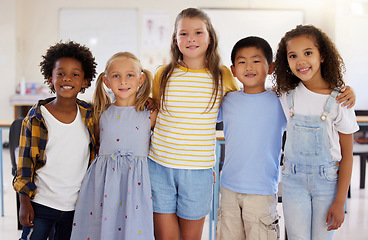 Image showing Education, portrait or children in classroom learning or studying in preschool together with support. Kids development, diversity or happy students with growth mindset for knowledge in kindergarten