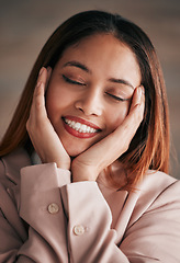 Image showing Happy, content and woman with self love at work isolated on a studio background. Success, smile and face of a corporate employee excited about business, professional career and happiness in office