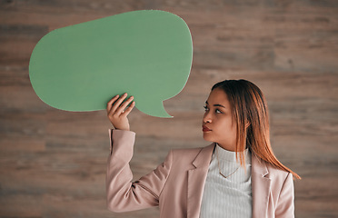 Image showing Business woman, speech bubble and wall background, blank sign for social media chat or notification. Professional person holding empty sign for announcement, info or opinion on ideas for startup chat