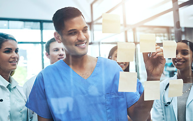 Image showing Doctor, writing and meeting in planning, brainstorming or schedule of team coaching on glass board at hospital. Group diversity of happy medical students in teamwork strategy or sticky note at clinic