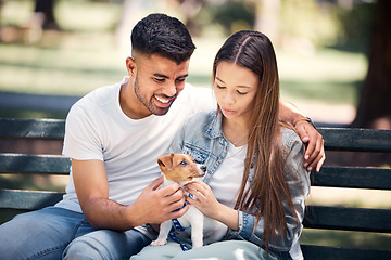 Image showing Man, woman and puppy relax in park, bench and summer sunshine with happiness, care and bond. Young couple, touch and small dog with calm, smile and hug for love, romance and family in nature together