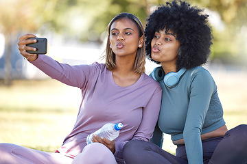 Image showing Fitness, woman and friends in park for selfie, vlog or profile picture after workout in nature. Active women pose for photo, social media or online post in exercise, training or yoga together outside