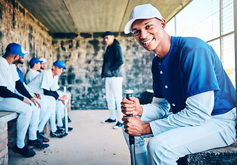 Image showing Baseball player, dugout and portrait of a black man with sports team and smile in stadium. Exercise, fitness and training motivation of a softball group at sport game feeling relax from solidarity