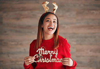 Image showing Christmas, decoration and portrait of woman with motivation holding xmas sign. Wow, excited and isolated happy female with celebration and a smile from winter festive, celebrating and youth happiness