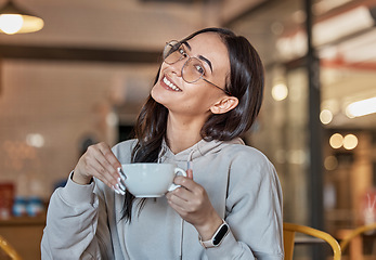 Image showing Coffee shop, relax and portrait of woman with smile in restaurant for hot beverage, cappuccino and latte. Happy, cafe and face of girl sitting by table for tea break, relaxation and happiness weekend