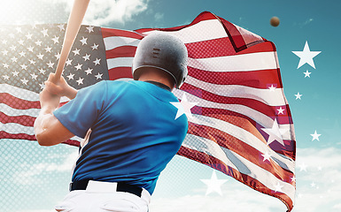 Image showing American flag, baseball and man with overlay for sports competition, global tournament and games. National player, fitness and male athlete with bat hit ball for softball exercise, training and match