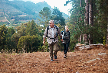 Image showing Holding hands, nature and senior couple hiking, walking and trekking in mountains of Peru. Travel, together and an elderly man and woman on a walk in a forest for exercise and retirement adventure