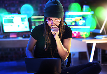 Image showing Laptop, woman and hacker thinking in home for programming, software or cybersecurity. Neon, computer and female coder or programmer reading information for hacking idea while on dark web at night.