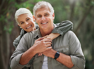Image showing Nature, hiking and portrait of senior couple with smile on adventure in forest, woods and mountain for exercise. Fitness, retirement and happy elderly man and woman hug on hike for travel wellness