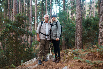 Image showing Nature, retirement and hiking, portrait of old couple standing in forest in mountain of Peru on holiday adventure. Travel, senior man and and mature woman trekking on hike with love, smile and health