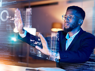 Image showing Data hologram, global network and black man working on futuristic software in the dark. Finance database, virtual overlay and financial analytics work at night with a African male and focus at office