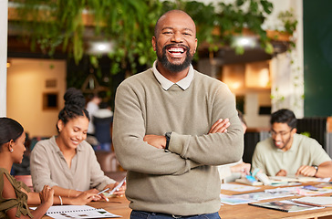 Image showing Black man, portrait smile and arms crossed in meeting for leadership, teamwork or brainstorming at office. Happy businessman, leader or coach smiling in management for team planning and collaboration