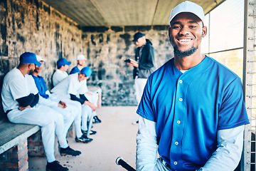 Image showing Baseball player, dugout and happy portrait of a black man with sports team and smile in stadium. Exercise, fitness athlete and training motivation of a softball group at game feeling happiness