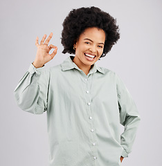 Image showing Happy, perfect and portrait of a black woman with a sign isolated on a white background in studio. Smile, ok and an African girl with a hand gesture for success, agreement and happiness on a backdrop