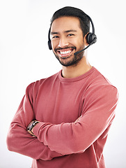 Image showing Confident customer service, face portrait or happy man telemarketing on contact us CRM or consulting telecom. Callcenter communication, arms crossed and male studio agent isolated on white background