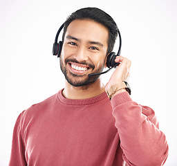 Image showing Customer service consulting, face portrait or happy man telemarketing on contact us CRM or telecom. Call center communication, ecommerce studio or male support consultant isolated on white background