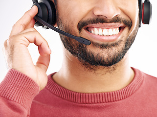 Image showing Call center consulting, mouth or happy man telemarketing on contact us CRM or telecom studio. Customer service communication, face headset mic and male consultant smile isolated on white background