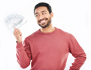 Image showing Money fan, cash investment and man on white background for wealth, financial savings and payment bonus. Finance profit, winner and isolated male for winning, prize and stock market success in studio