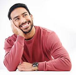 Image showing Happy, ideas and Asian man thinking, decisions and creative isolated on a white studio background. Japan, male and guy with thoughts, opportunity and planning with smile, wonder and ponder with joy