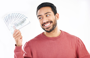 Image showing Money fan, cash investment and man on white background for wealth, financial savings and payment bonus. Finance profit, winner and happy male for winning, prize and stock market success in studio