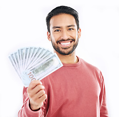 Image showing Cash, money and portrait of man investor on white background for investment, financial savings and payment. Finance profit, winner and happy male for winning, prize and stock market success in studio