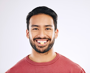 Image showing Vitamin pill, man and portrait with health supplement, prescription and wellness tablet. Isolated, studio background and male model face with nutrition, healthcare and healthy medication with a smile