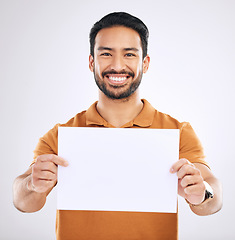 Image showing Studio poster, portrait or mockup of happy man, marketing placard or advertising banner on product placement paper. Logo mock up, billboard promotion sign or brand person isolated on white background