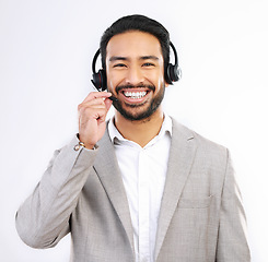 Image showing Customer support consulting, face portrait and happy man telemarketing on contact us CRM or telecom. Call center communication, funny studio laugh or male sales consultant talking on white background