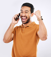 Image showing Phone call news, excited and happy man celebrate achievement, winning success or studio celebration. Scream winner, cheers and male fist pump, prize announcement or notification on white background