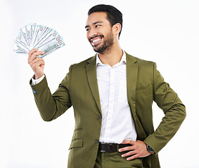 Image showing Investment, money and business man with cash on studio background for budget, bonus and stock market. Finance success, winner and happy male with bills for winning, bank profit and wealth opportunity