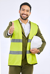 Image showing Portrait, Asian man and engineer with thumbs up, architecture and hard hat on a white studio background. Face, male employee or architect with gesture for agreement, thank you or success with project