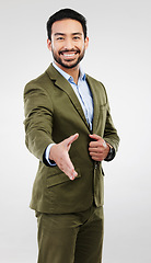 Image showing Business portrait, happy man and studio handshake gesture for investment deal, b2b contract or acquisition agreement. Human resources, hiring welcome and HR hand shake isolated on gray background