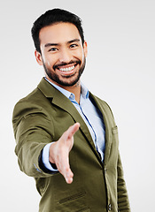 Image showing Portrait, man or happy hand shake gesture in studio investment deal, b2b contract or business acquisition agreement. Human resources, hiring welcome or HR shaking hands isolated on white background