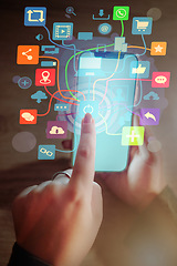 Image showing Closeup, hands and phone green screen of social media hologram, networking app icons or mockup for woman in night office. Working late designer, mobile and user technology abstract of 3d connection